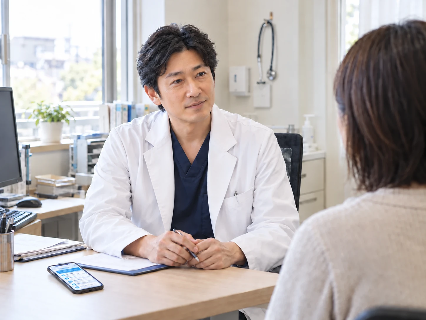 机上のコエレクを使いながら患者と穏やかに向き合う医師の診療風景