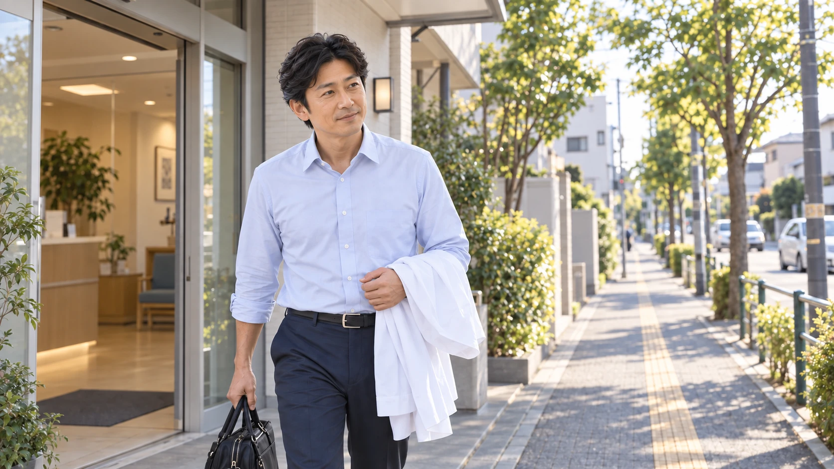 診療を終え、明るい午後に穏やかな表情でクリニックを出る医師