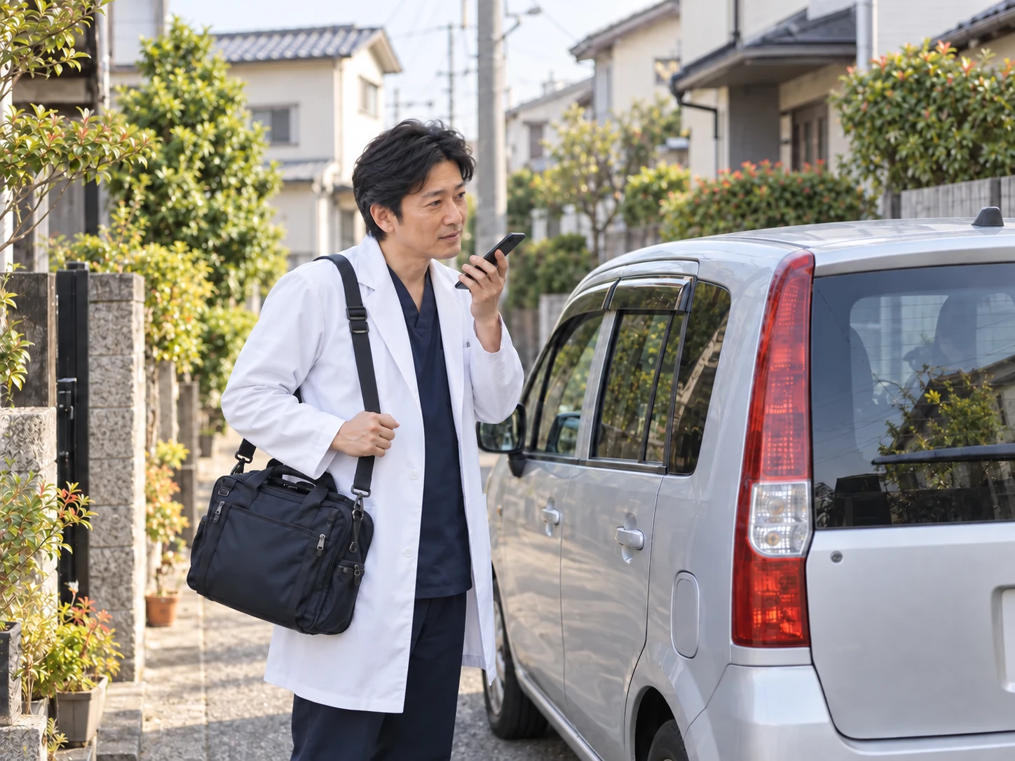 訪問診療後にスマートフォンへ記録を話す医師
