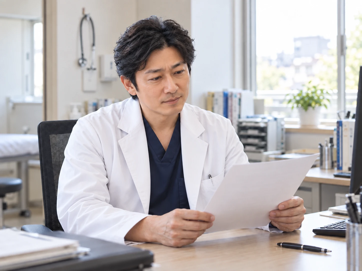 診療後に紹介状の書類を確認する医師